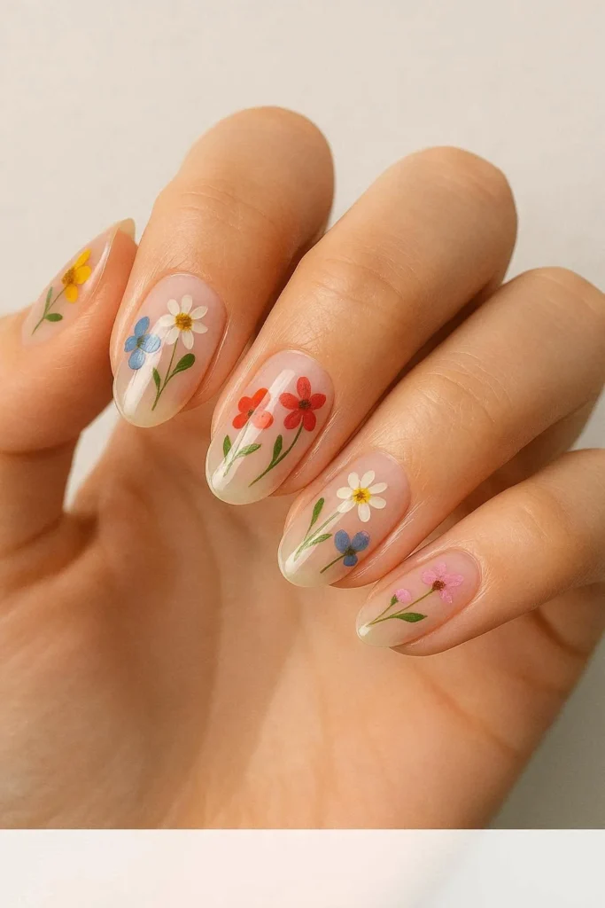 Clear base wildflower nails with floating floral designs