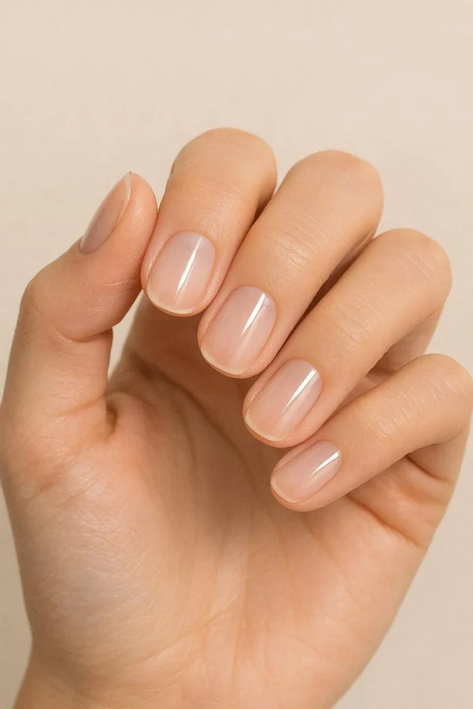 Clear gloss nails with a shiny top coat over natural nails 