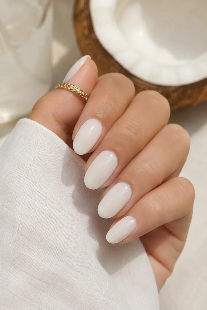Coconut milky nails creamy white satin finish summer 
