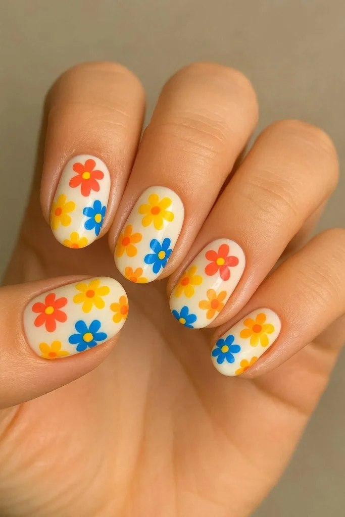 Colorful wildflower nail designs with bright small floral details 
