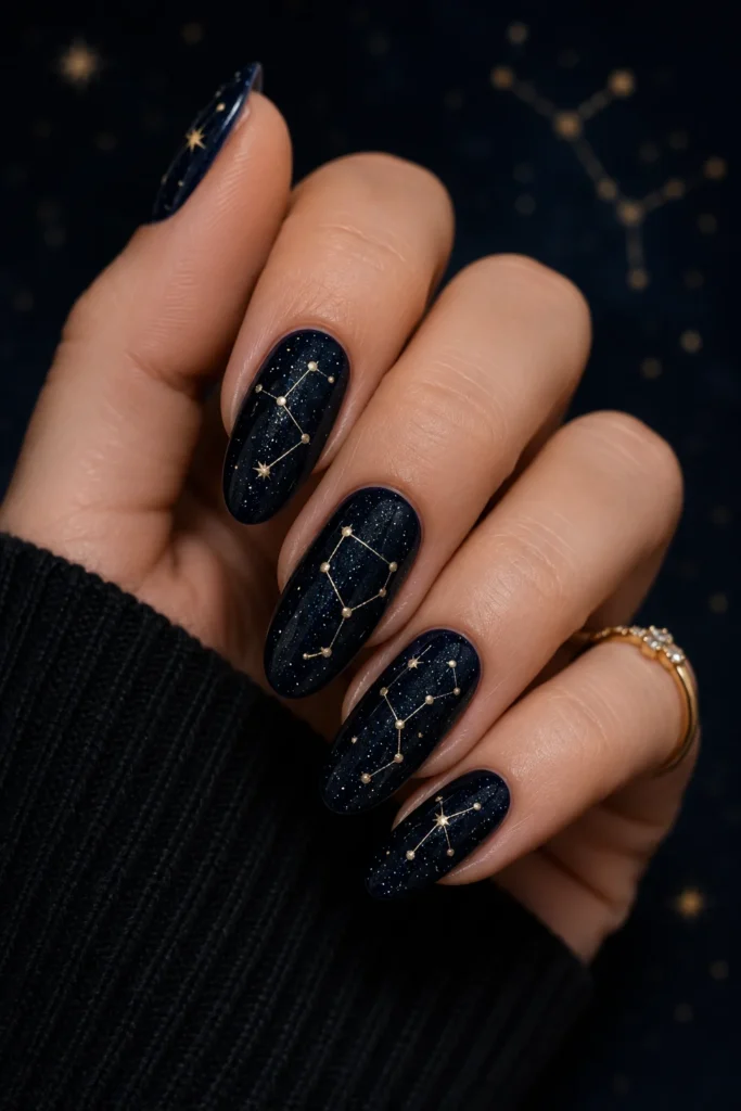 Constellation nail designs with tiny stars on dark base