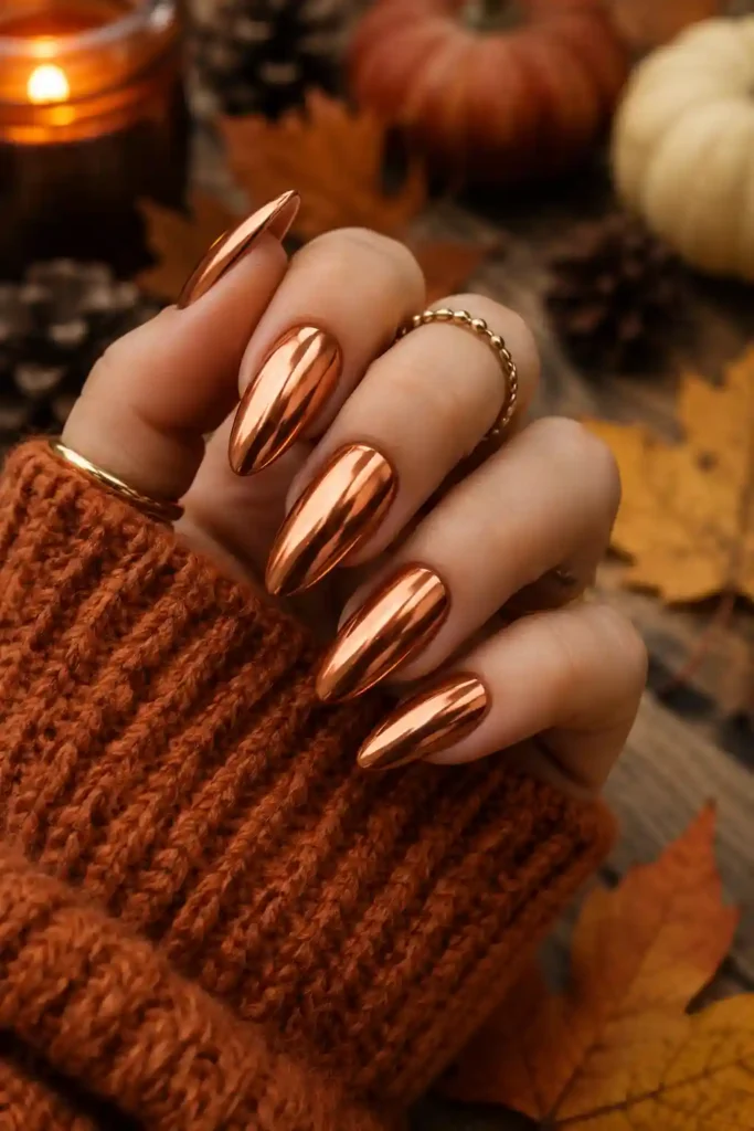 Copper metallic almond nails for glamorous autumn Thanksgiving manicure