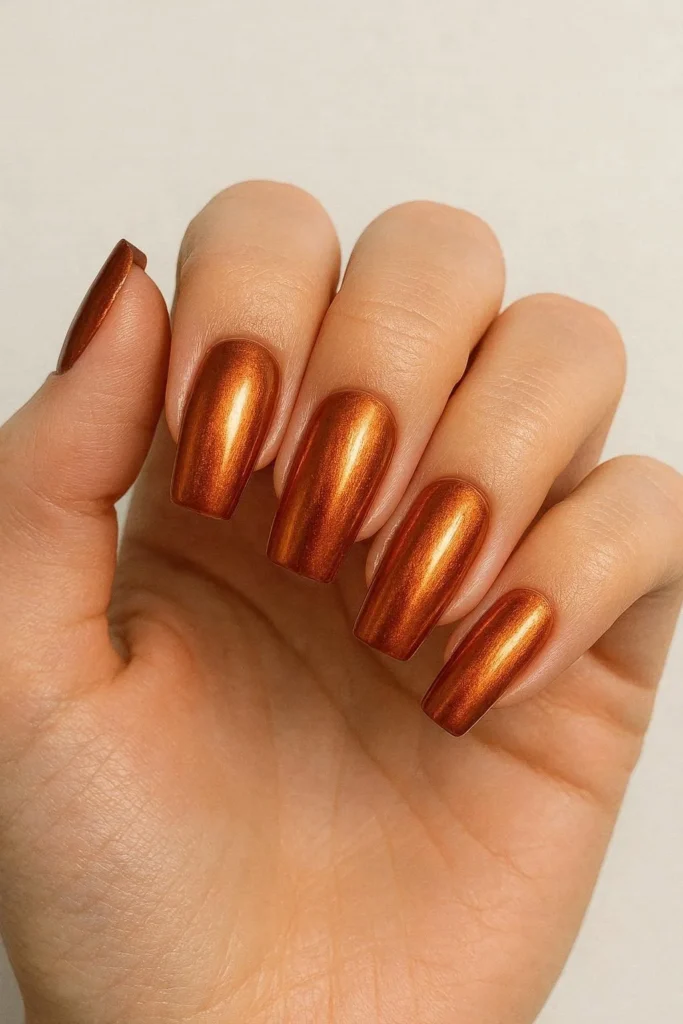 Copper metallic shiny nails for fall October manicure