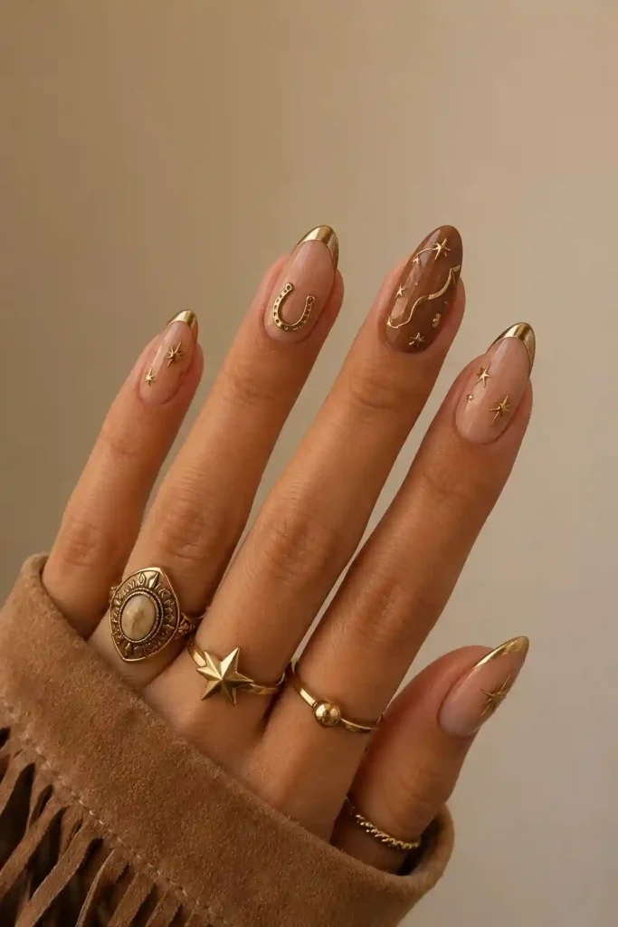 Cowgirl festival nails with western boho metallic accents 