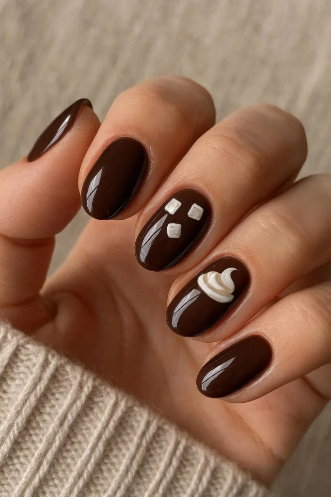 Hot chocolate brown cozy nail art with marshmallow details