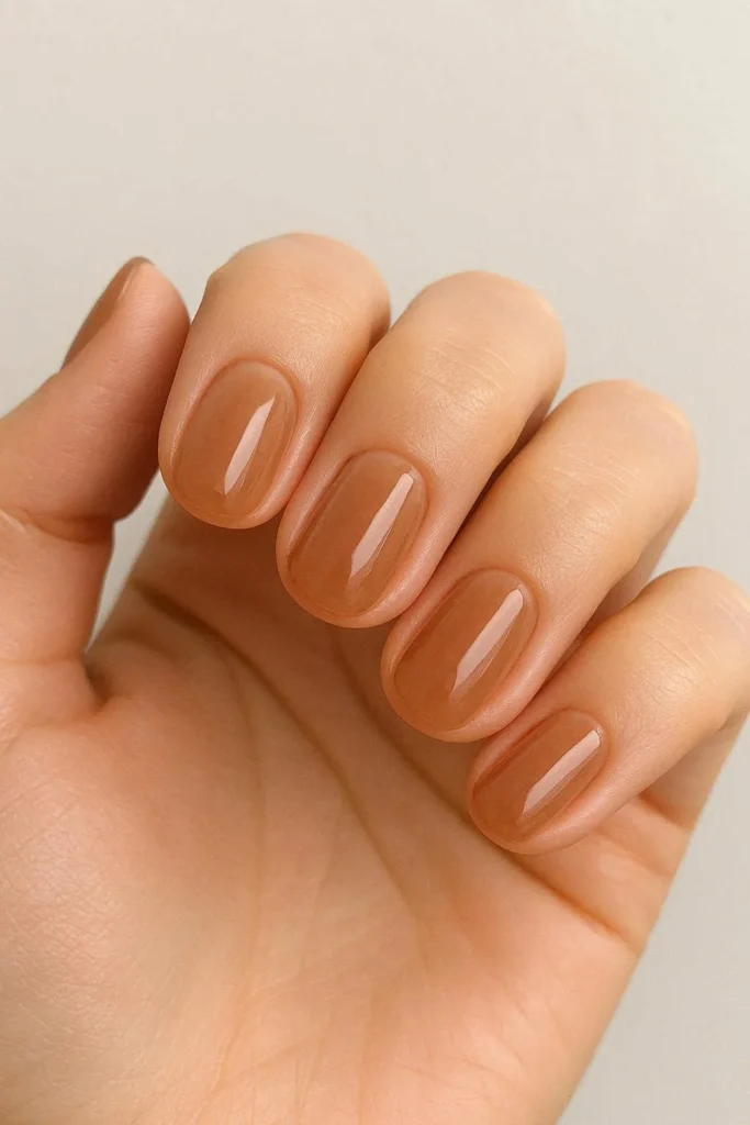 Milky sheer brown glossy nails for cozy fall October
