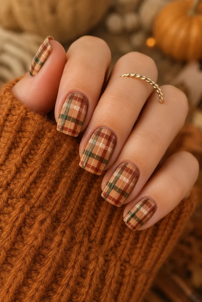 Plaid sweater nail art design in warm autumn tones for fall