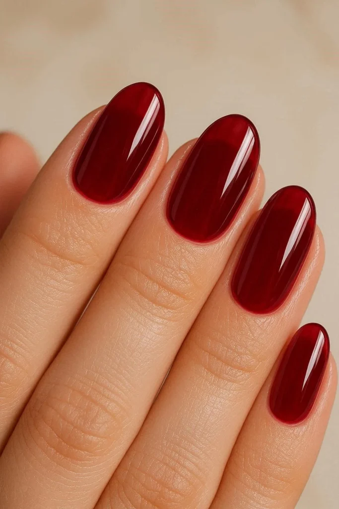 Cranberry jelly glossy nail finish deep red holiday manicure