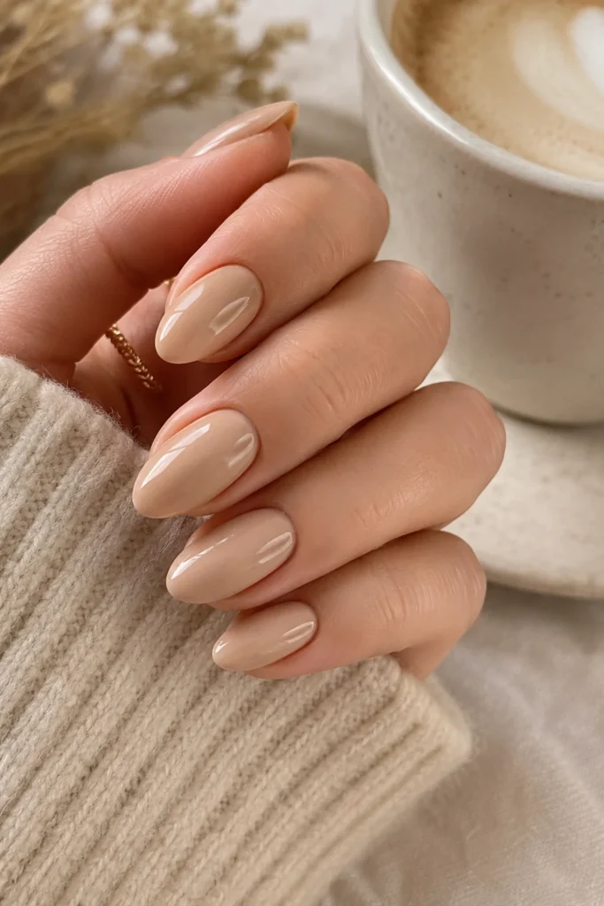 Creamy latte beige oval nails for cozy autumn nail inspiration