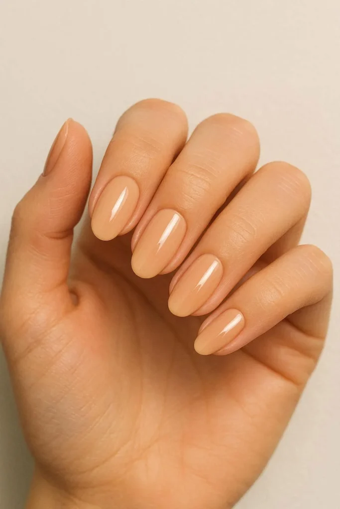 Creamy warm nude glossy nails for fall autumn season