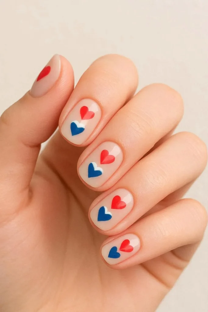 Cute patriotic heart flag nails in red white and blue