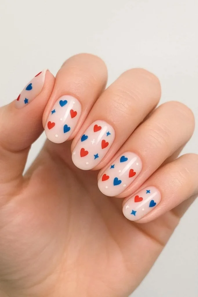 Cute heart flag nails with tiny patriotic hearts and stars