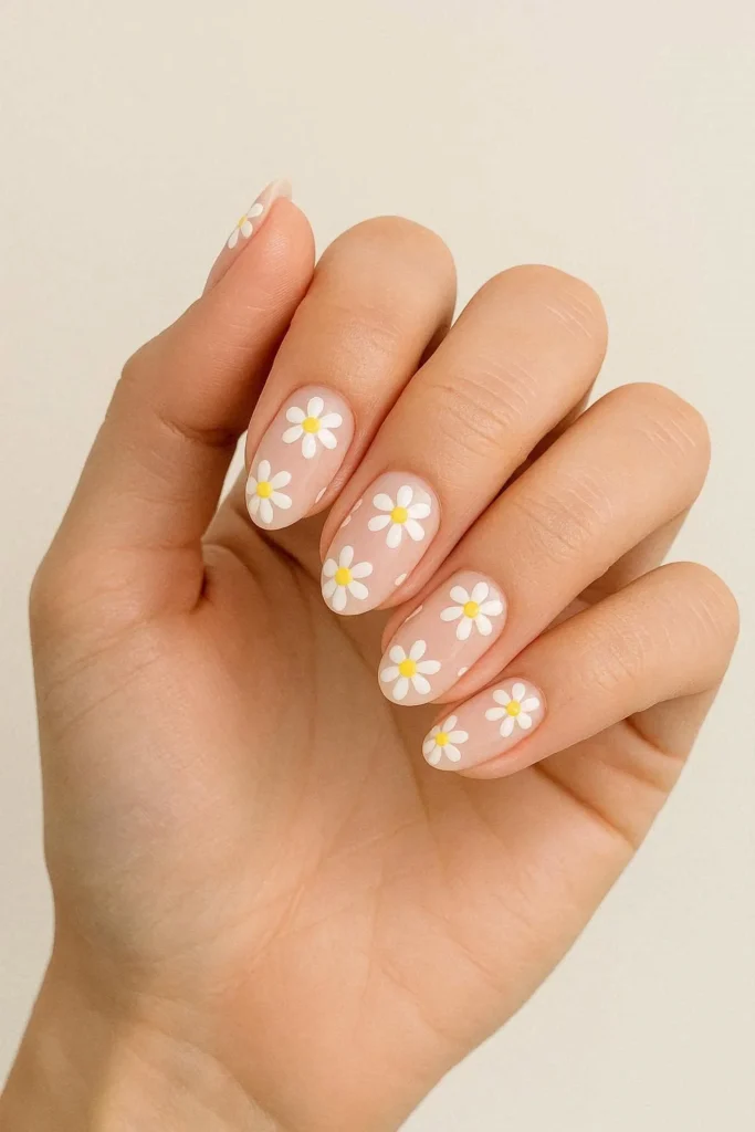Daisy nail art with white flowers on nude base spring 