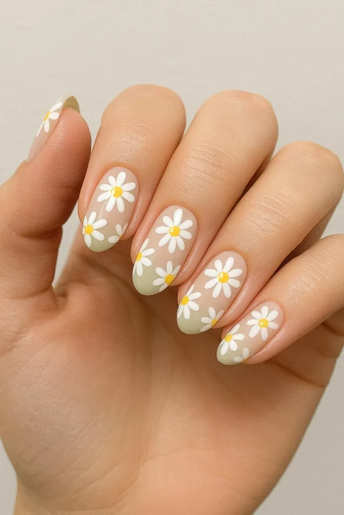 Daisy wildflower nail designs on a fresh nude base 
