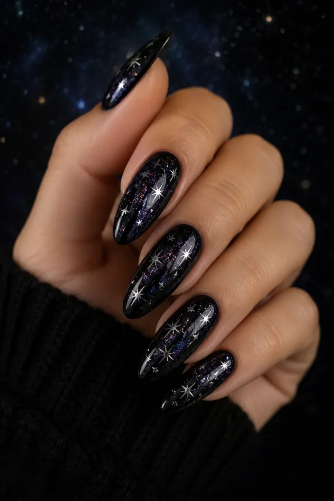Dark cosmic nails with black base and galaxy shimmer star design 