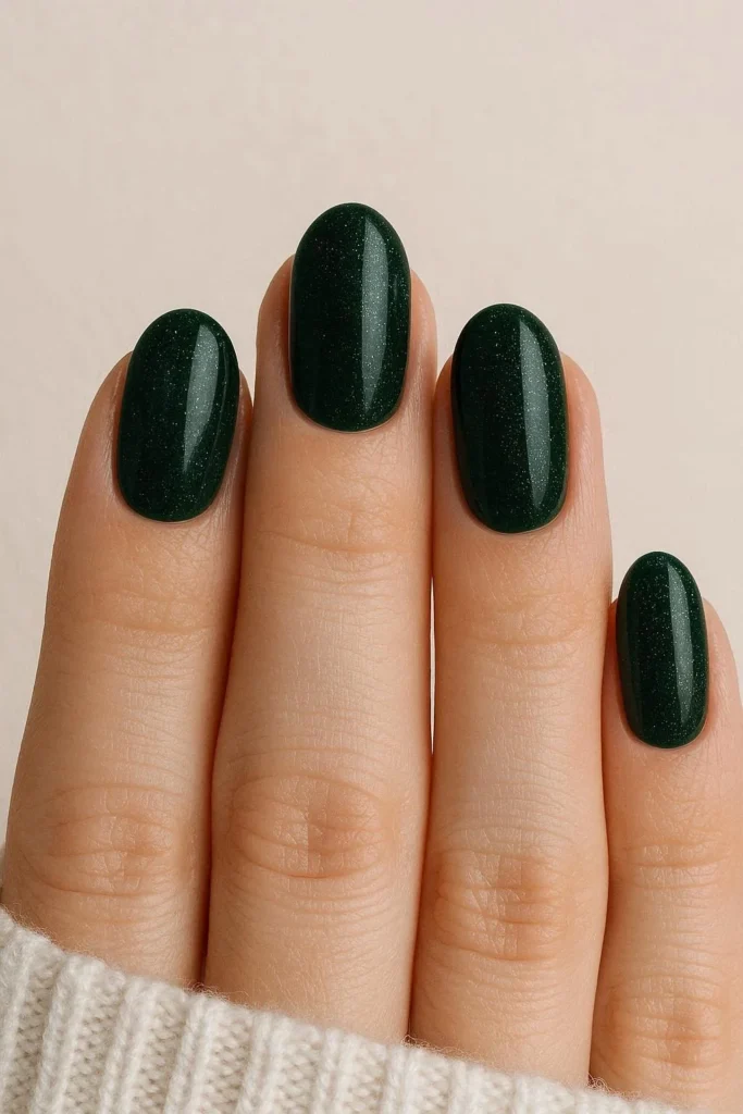 Deep dark green winter nails inspired by holiday evergreens