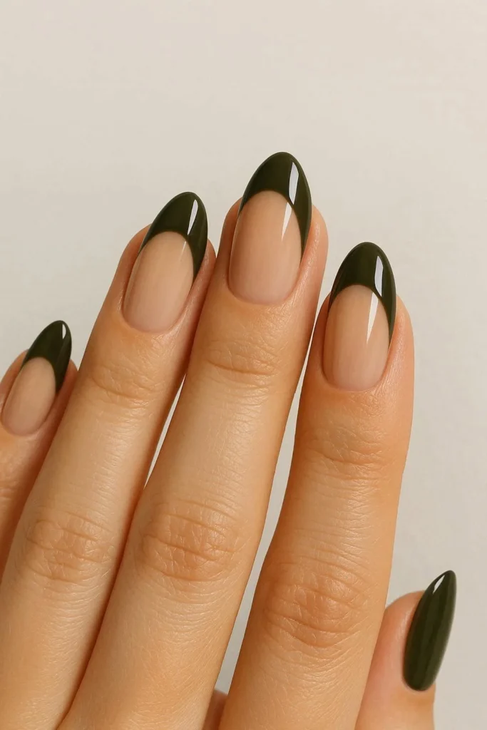 Dark olive French tip nails earthy Italian inspired vintage glam