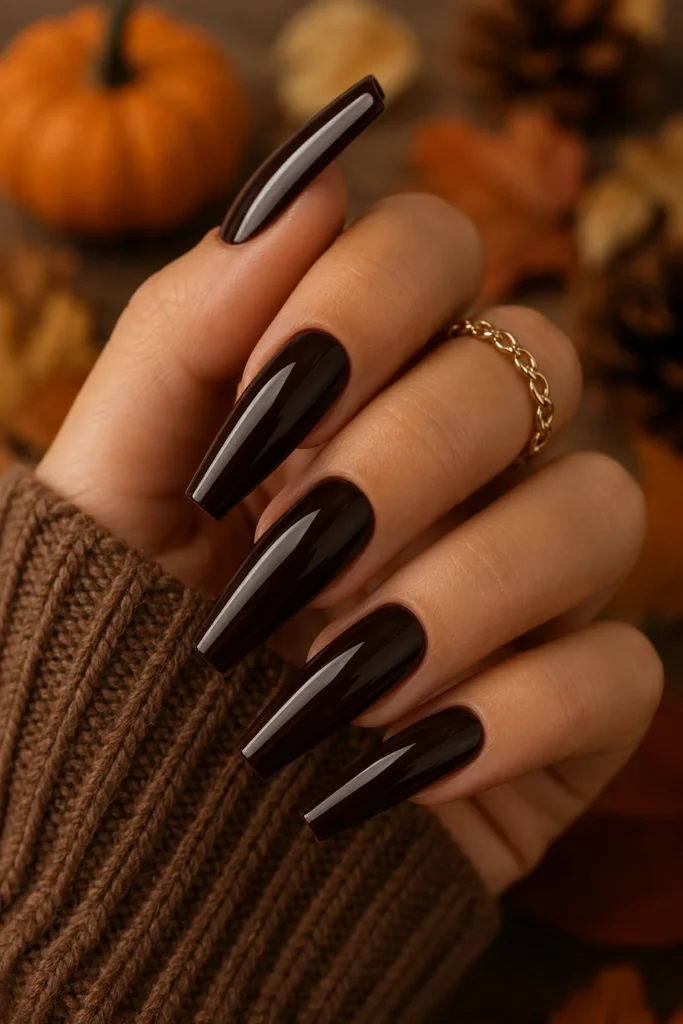 Deep espresso brown glossy coffin nails for autumn Thanksgiving look