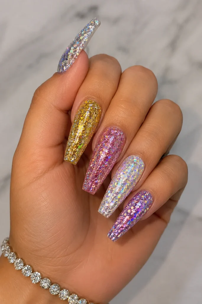 Disco glitter nails with chunky holographic sparkle on coffin shape
