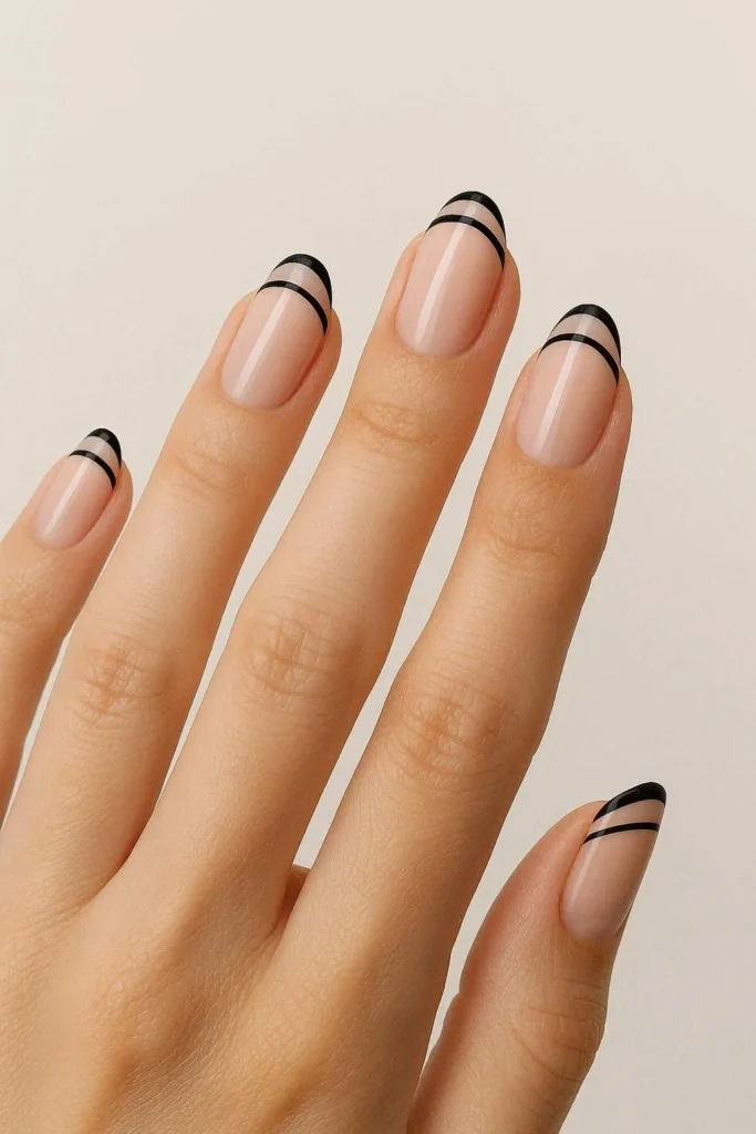 Double line black French tip nails minimalist design