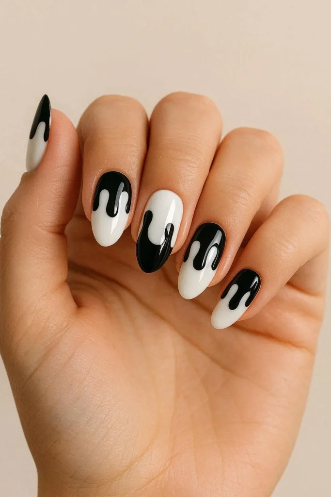 Drip design baddie nails with glossy contrasting color effects