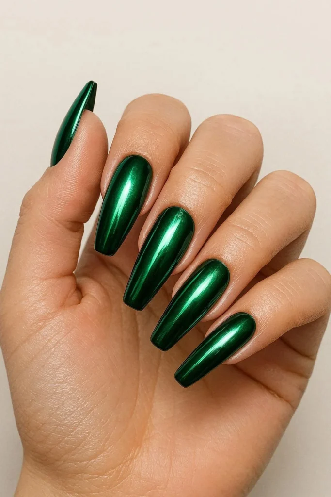 Emerald green chrome coffin nails for Christmas season