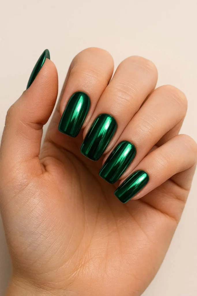Emerald green chrome nails with jewel-toned metallic finish