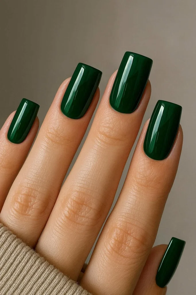Emerald green glossy square nails jewel tone bold manicure 