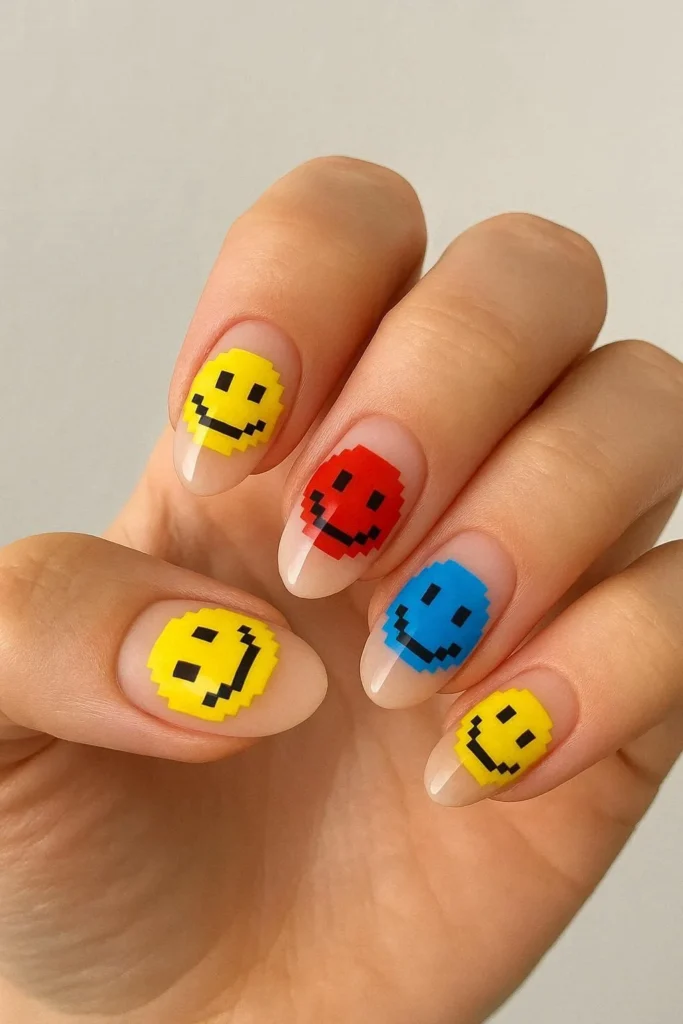 Cute glossy emoji-inspired nails with playful Y2K details 