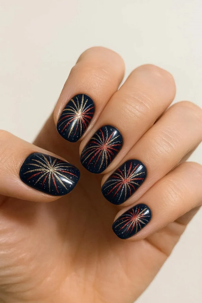  Firework inspired nail art bursts on dark navy background
