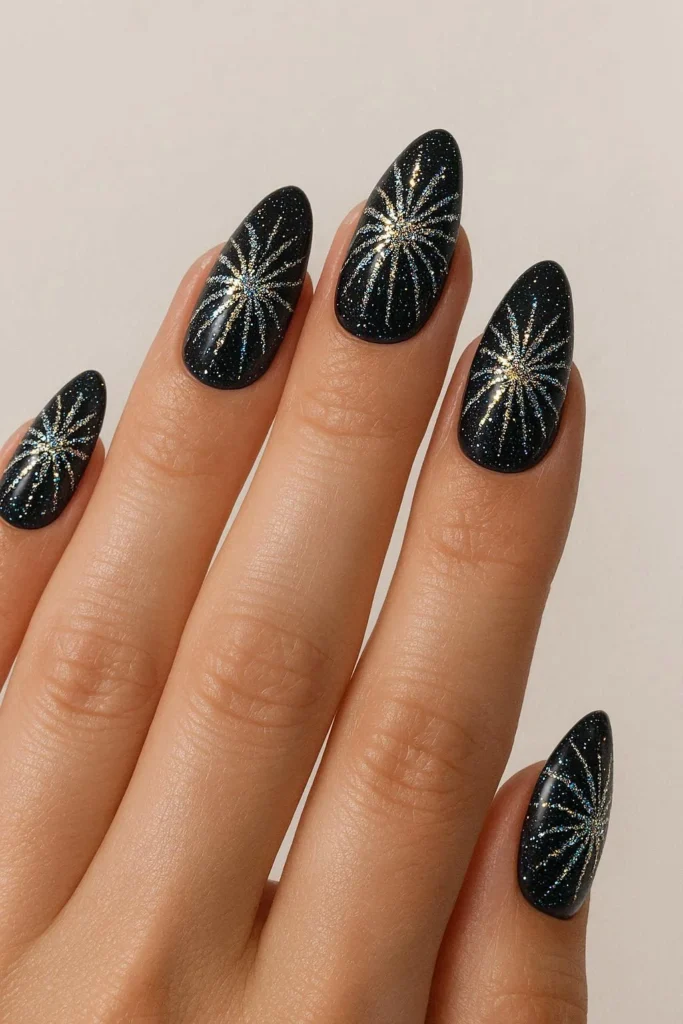 Firework inspired nail art with glitter burst designs