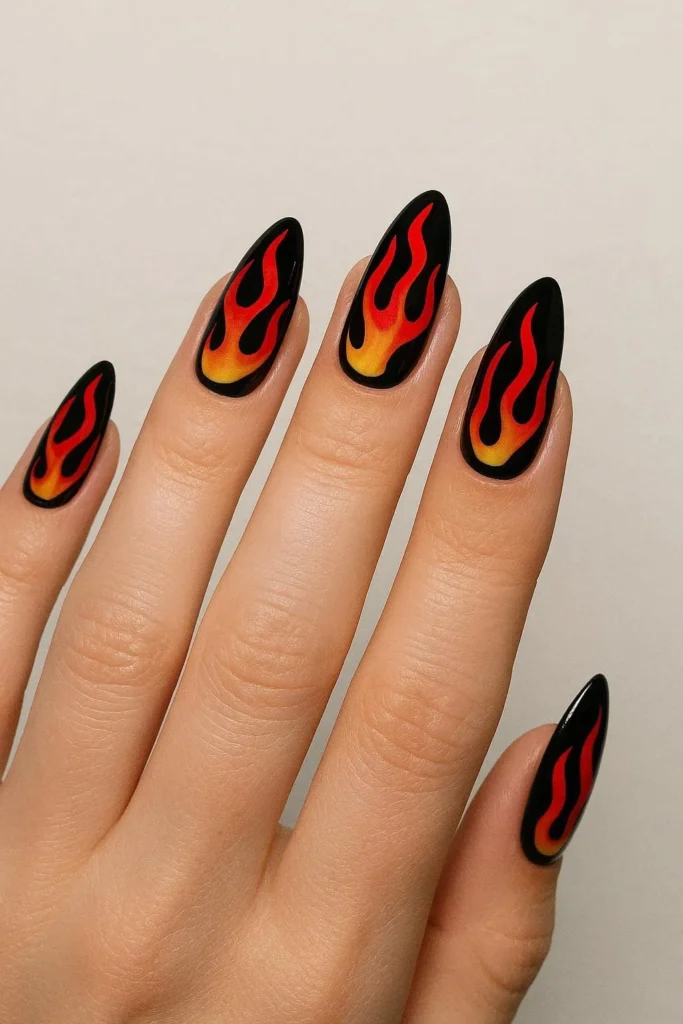 Flame design baddie nails with fiery edgy nail art style 