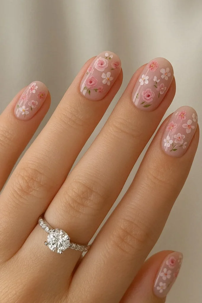 Floral engagement nails with tiny hand-painted romantic flowers 