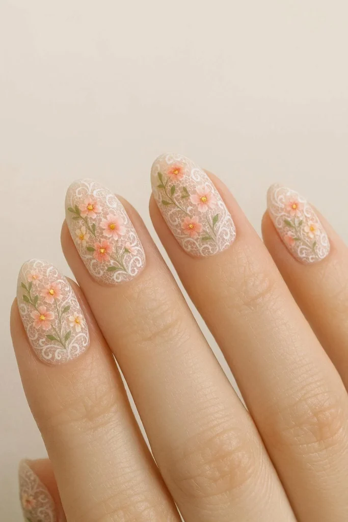 Romantic floral lace nail art with tiny blossoms and delicate patterns