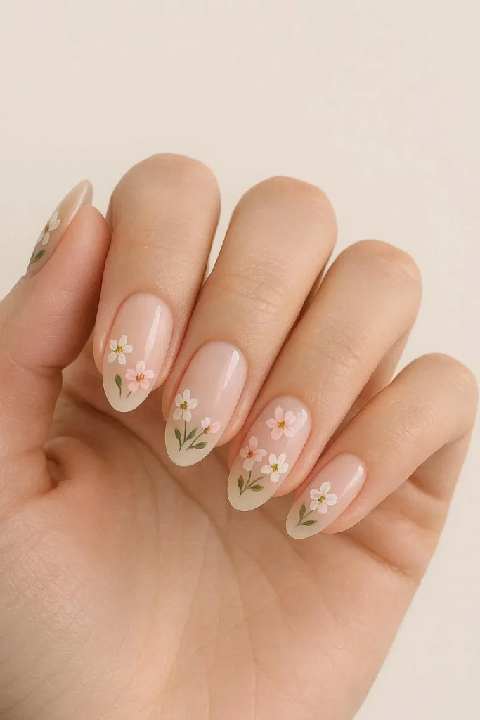 Floral oval nails with tiny painted flowers on soft blush base