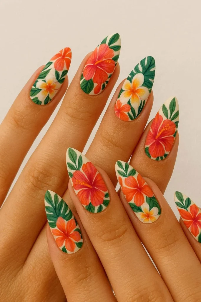 Floral tropical almond nails with mixed bold hibiscus and plumeria designs Caption