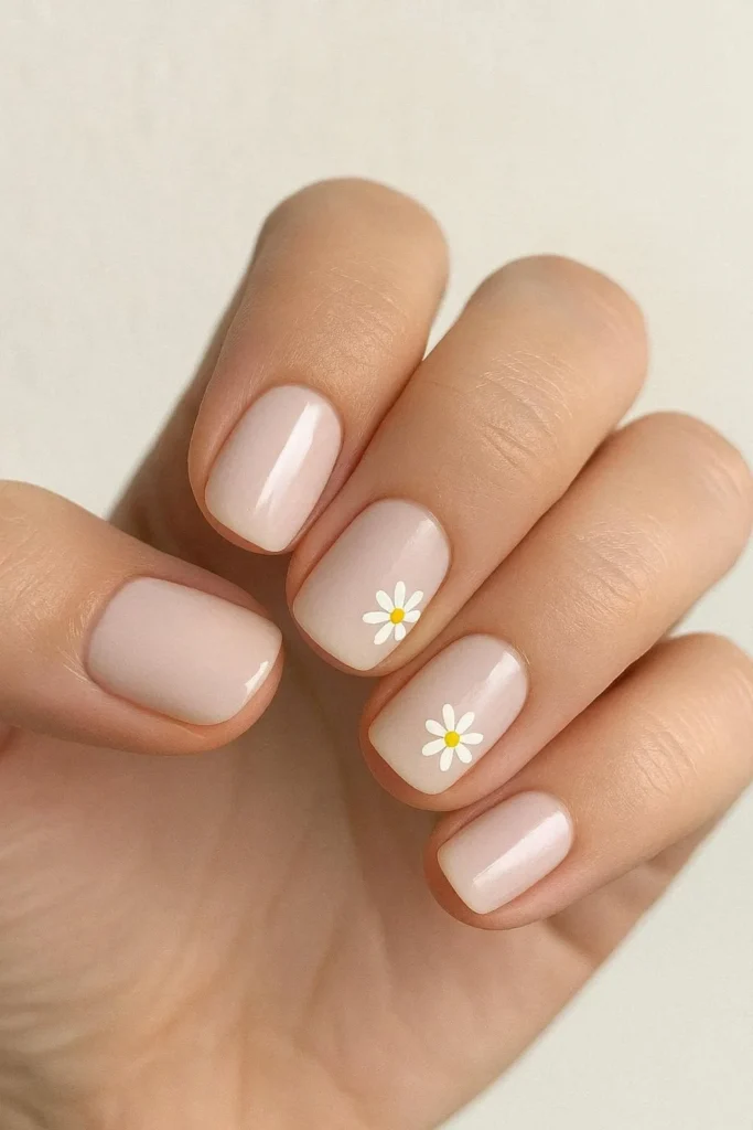  Flower accent nails with tiny daisy detail on nude base