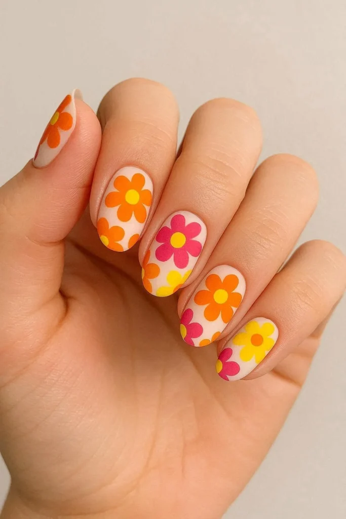 Colorful retro flower power nails inspired by Y2K fashion