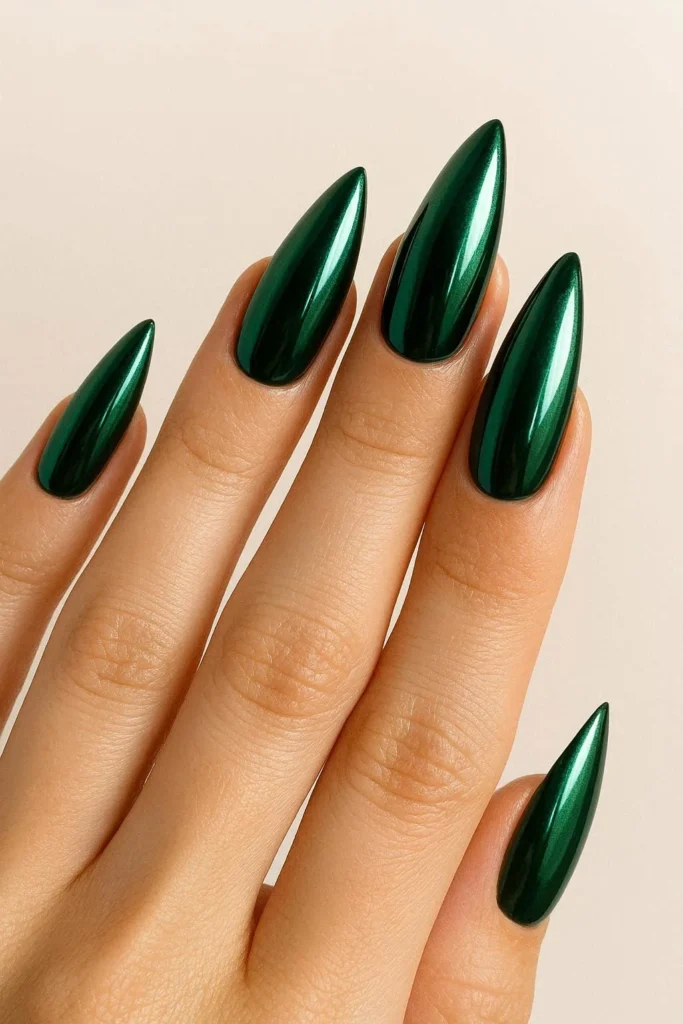 Forest green chrome mirror nails for autumn October