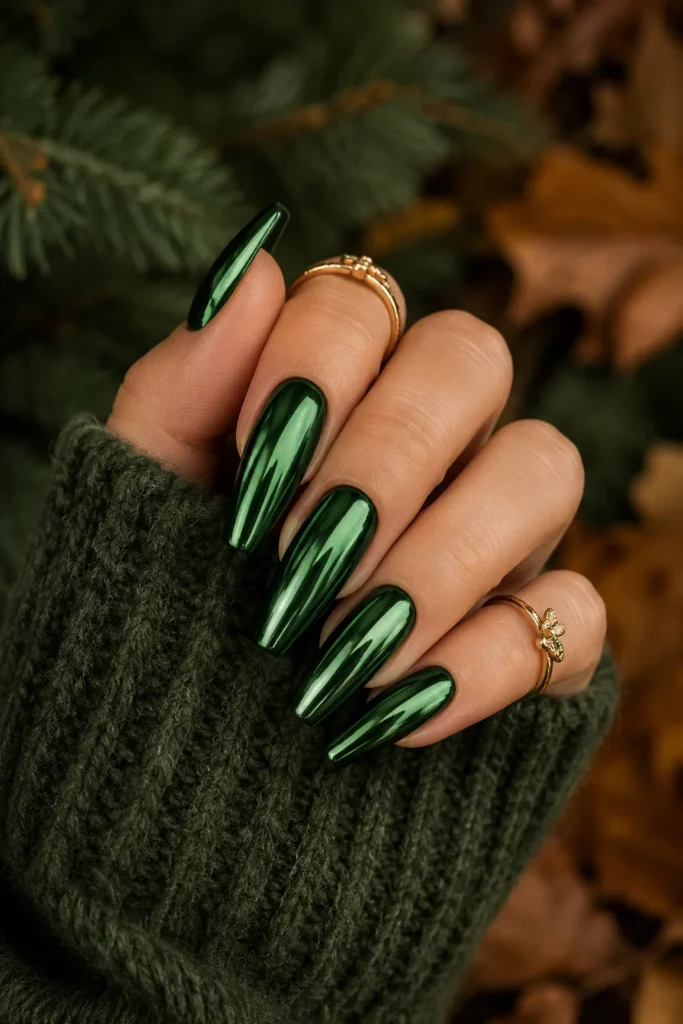 Forest green chrome coffin nails for bold fall Thanksgiving manicure