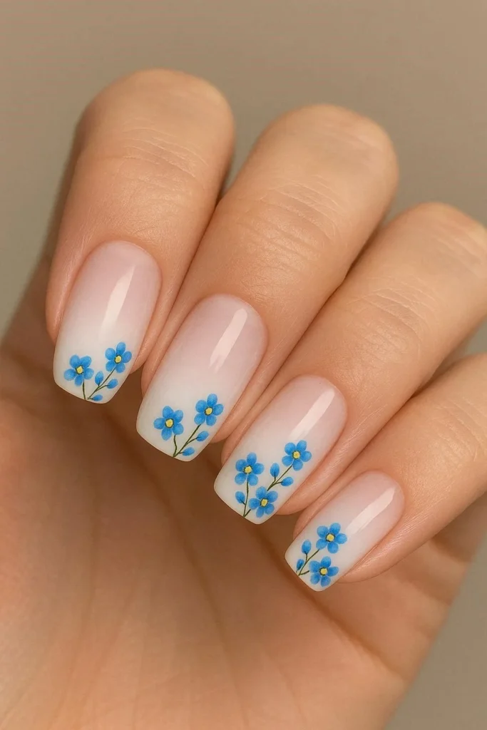 French ombre nails with delicate blue floral nail detail 
