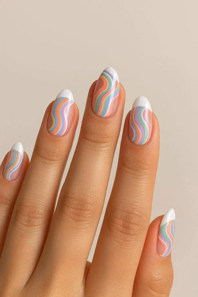 French tip pucci nails with retro swirl detailing on nail bed