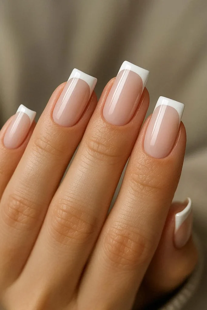 Modern French tip square nails thin white tip sheer base 