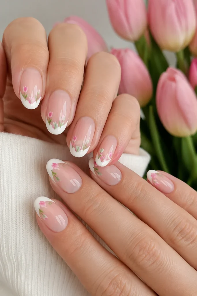 French tip tulip nails with floral details along the smile line