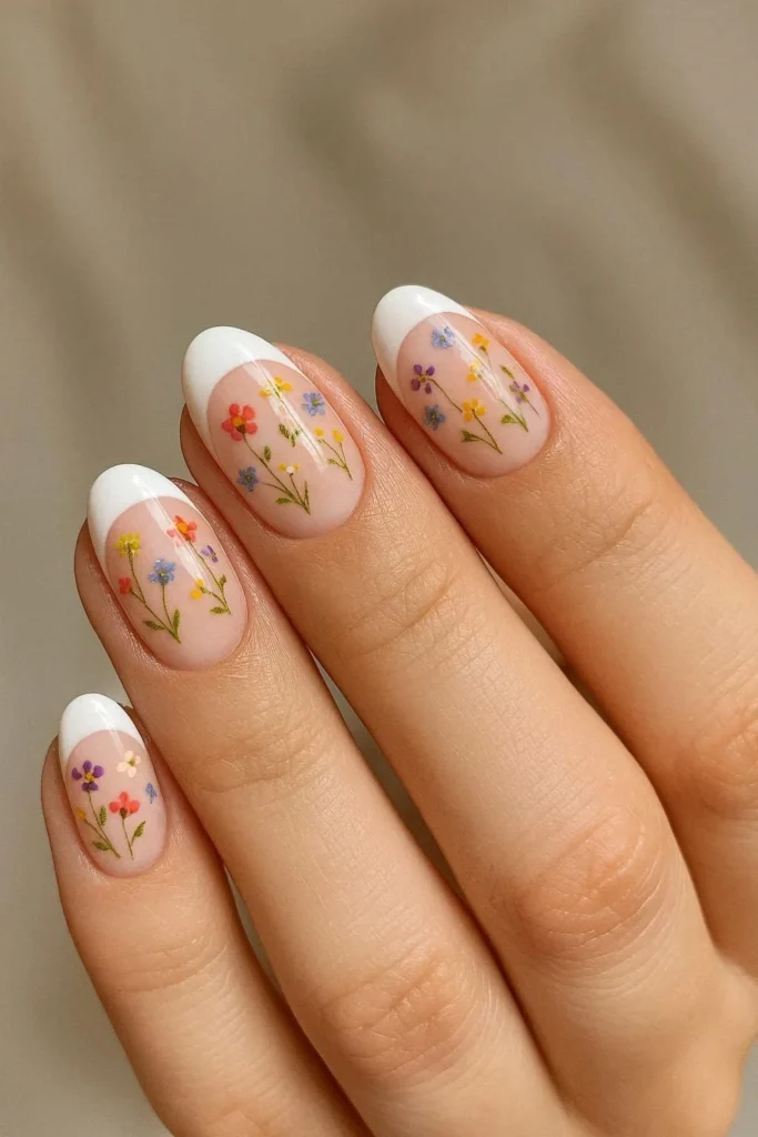 French tip wildflower nails with tiny flowers along tips 
