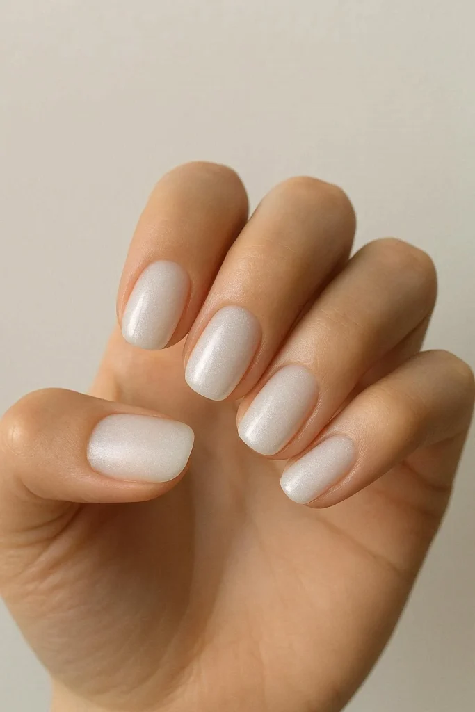 Frosted milky white glossy nails for elegant winter manicure