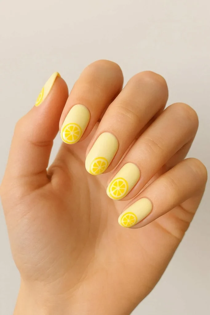 Playful fruit inspired lemon strawberry spring nail art 