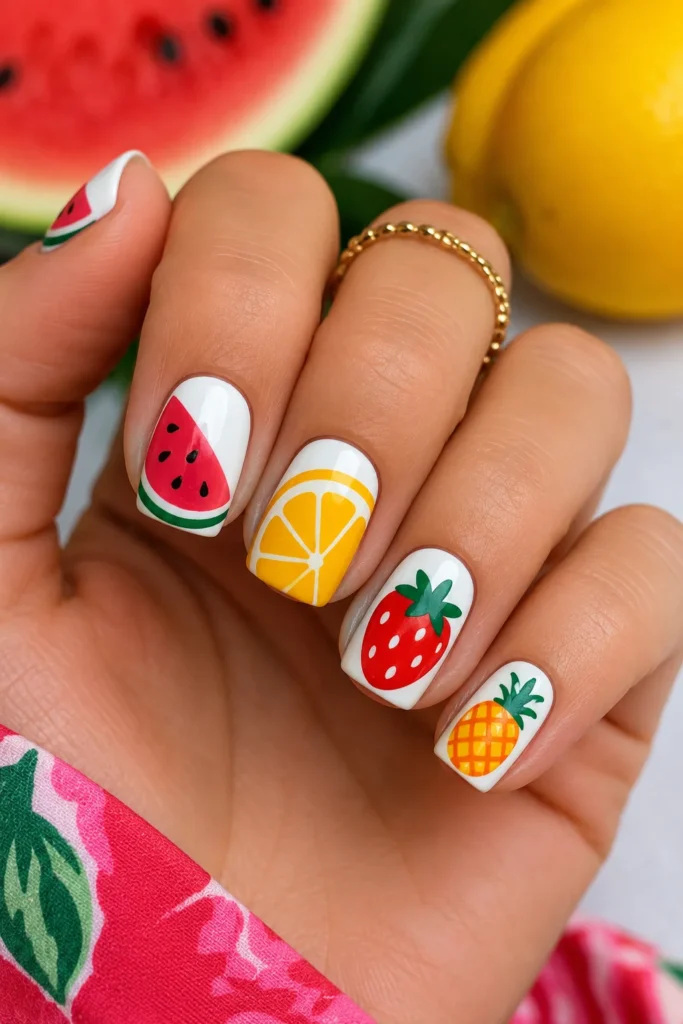Funky fruit nail art with watermelon and citrus on short square shape 