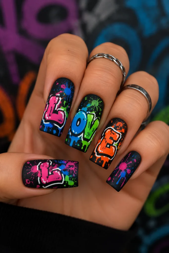 Funky graffiti nails with street art lettering on black square shape