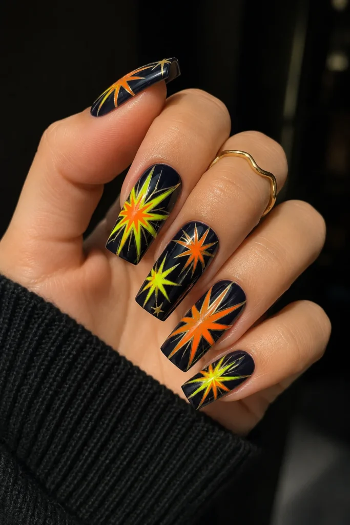 Funky starburst nails with retro sun rays in neon on square shape 